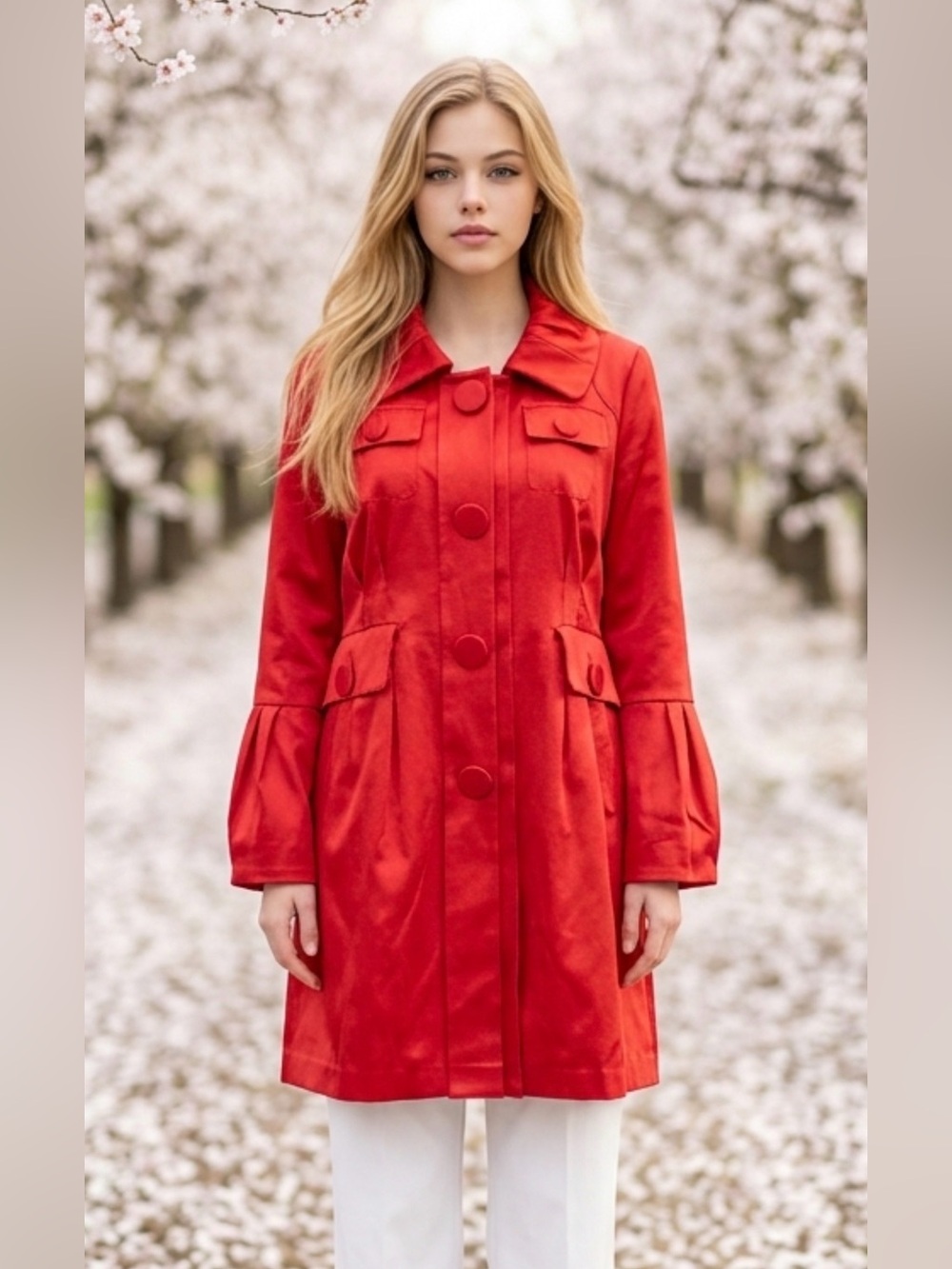 Classic Red Single-Breasted Trench Coat with Statement Buttons